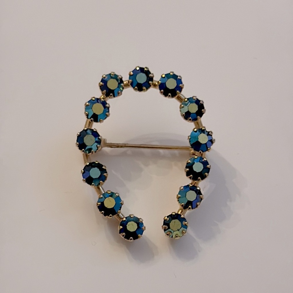 Vintage Austrian AB Teal Crystal Rhinestone Horseshoe Brooch